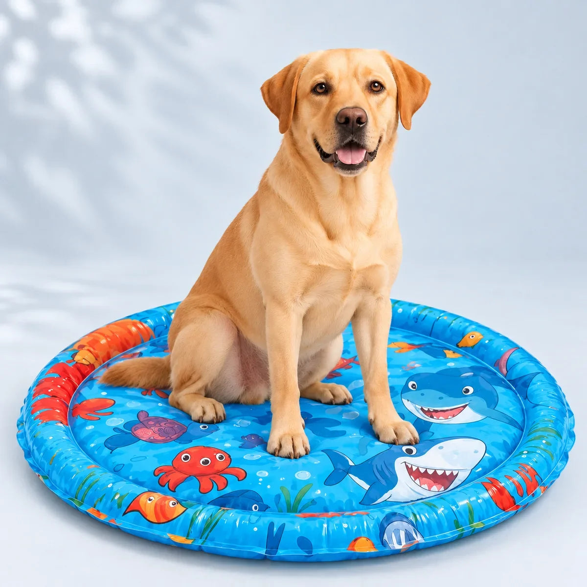 Paw Cool Oasisの犬用冷却ウォーターベッドと一緒に写るラブラドール・レトリーバー