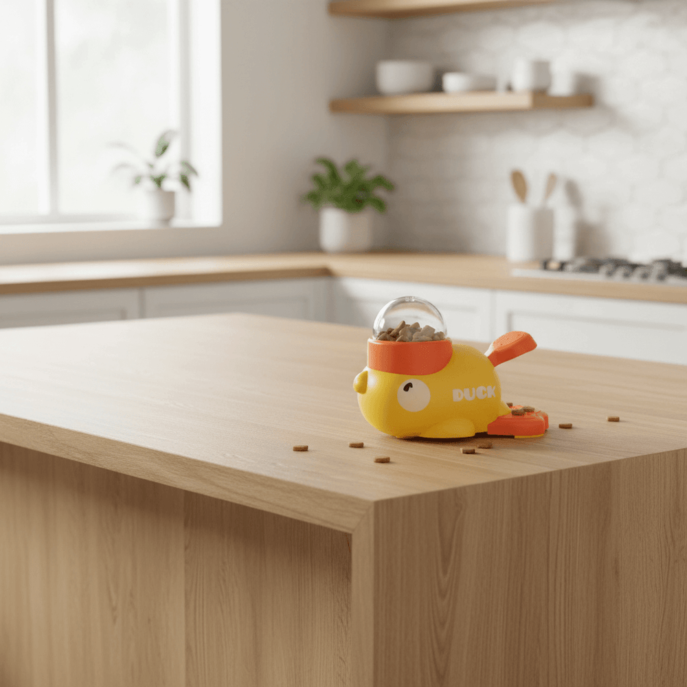 Katze beschäftigt sich mit dem Enten-Puzzle-Futterspender und Leckerli-Spender in einem modernen Wohnzimmer - vivaessencepet