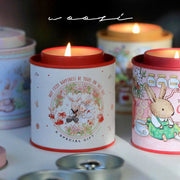 A whimsical rabbit aromatherapy candle in its decorative tin, designed for cozy, enchanting home decor by vivaessencepet