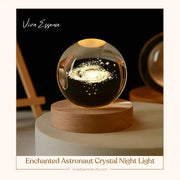 Cosmic Dreamer astronaut night light featuring a 3D crystal sphere on a solid wood base - vivaessencepet