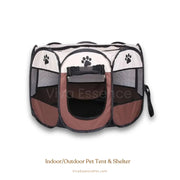 A brown and cream pop-up pet playpen providing a secure and instant travel space for small pets - vivaessencepet