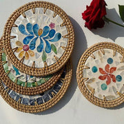 Handcrafted rattan coasters featuring genuine abalone shell in a stunning mosaic pattern - vivaessencepet