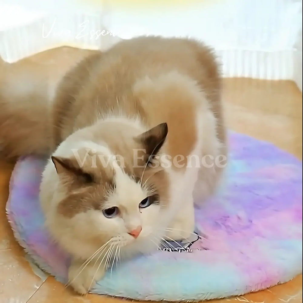 Cat warming pad setup with plush cover and clear move-away space - vivaessencepet