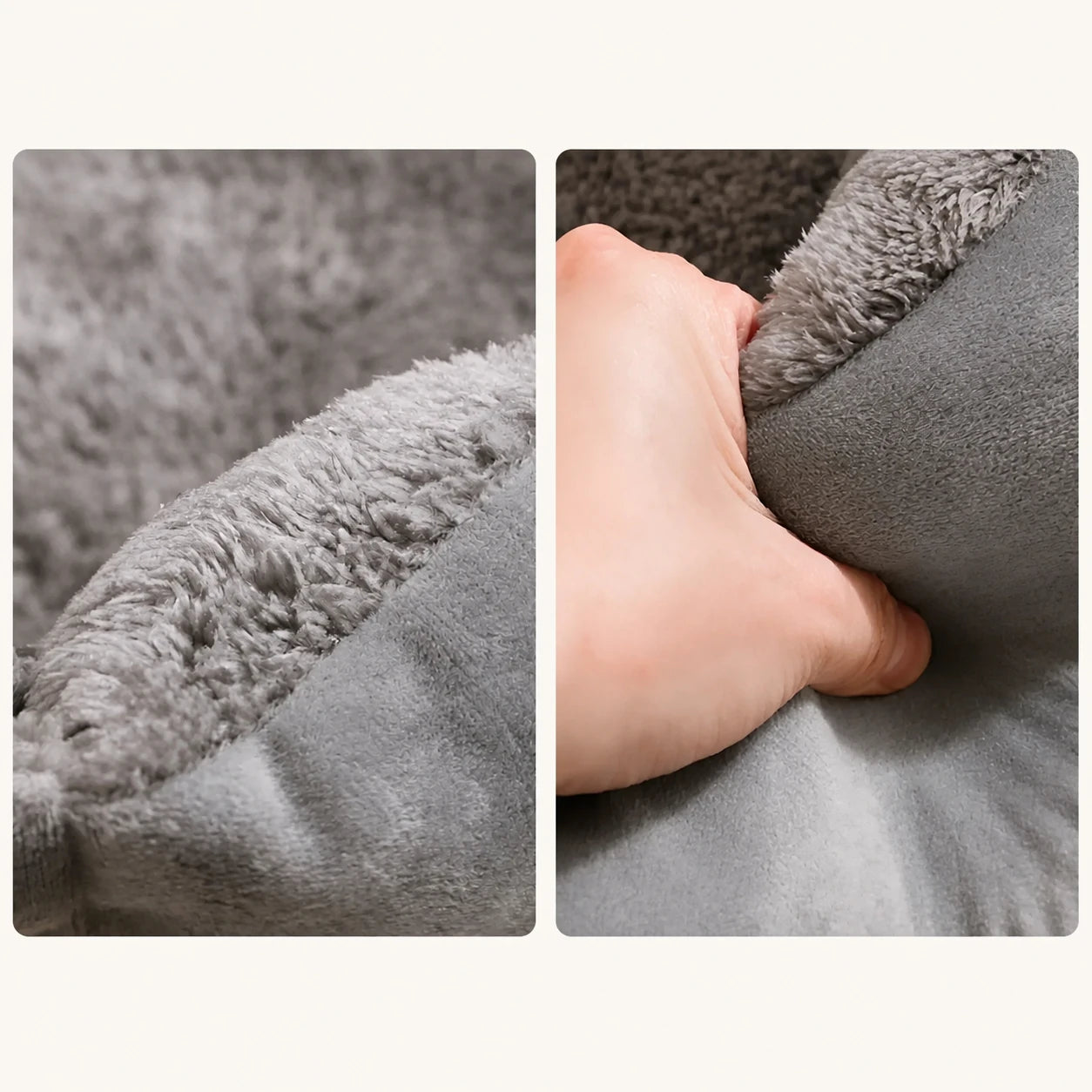 Close-ups of the gray plush lining and softly compressible side wall of the Cozy Haven bed