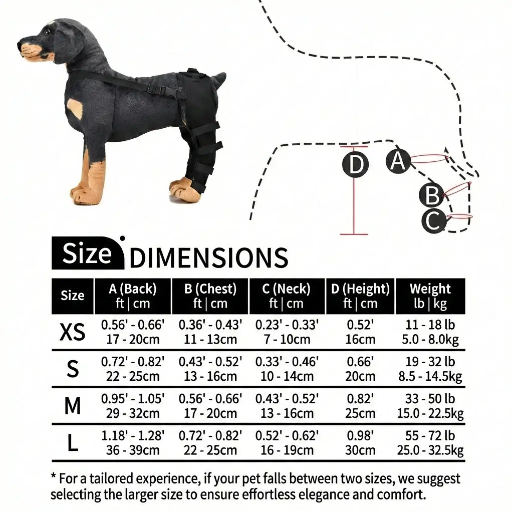 Size chart for the ProCare Canine Leg Support Brace with measurements for finding the correct fit by vivaessencepet