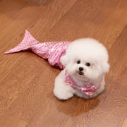 A comfortable cat wearing a whimsical mermaid pet costume with a sparkling tail and bikini top by vivaessencepet