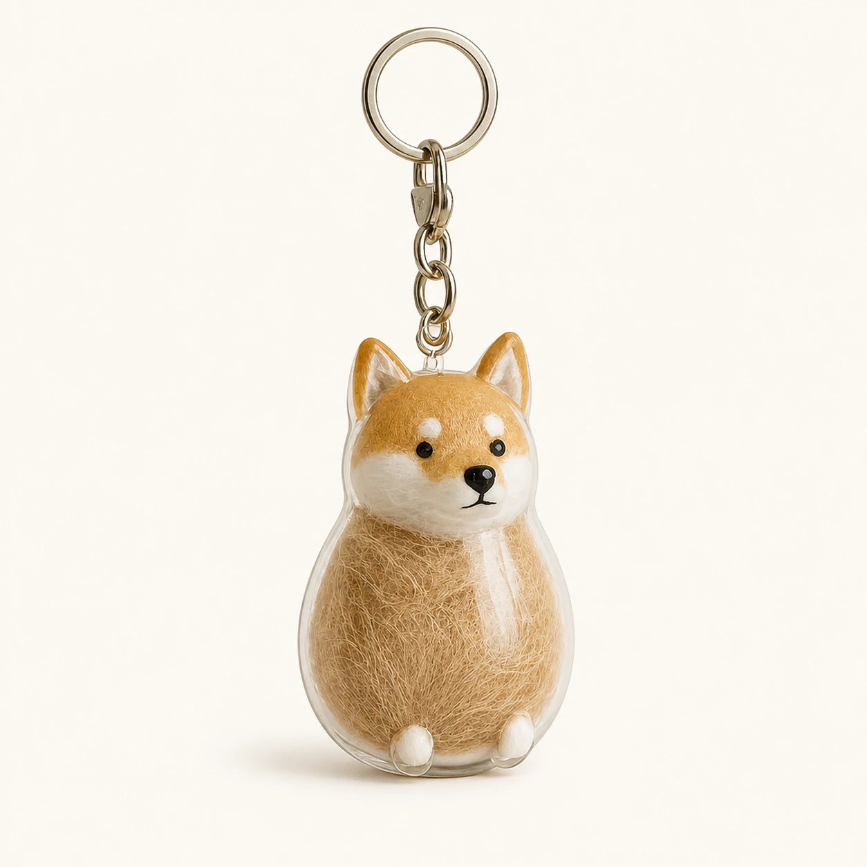 Sött minnessmycke i form av en corgi med päls i en nyckelring med genomskinlig kapsel mot varm elfenbensfärgad bakgrund