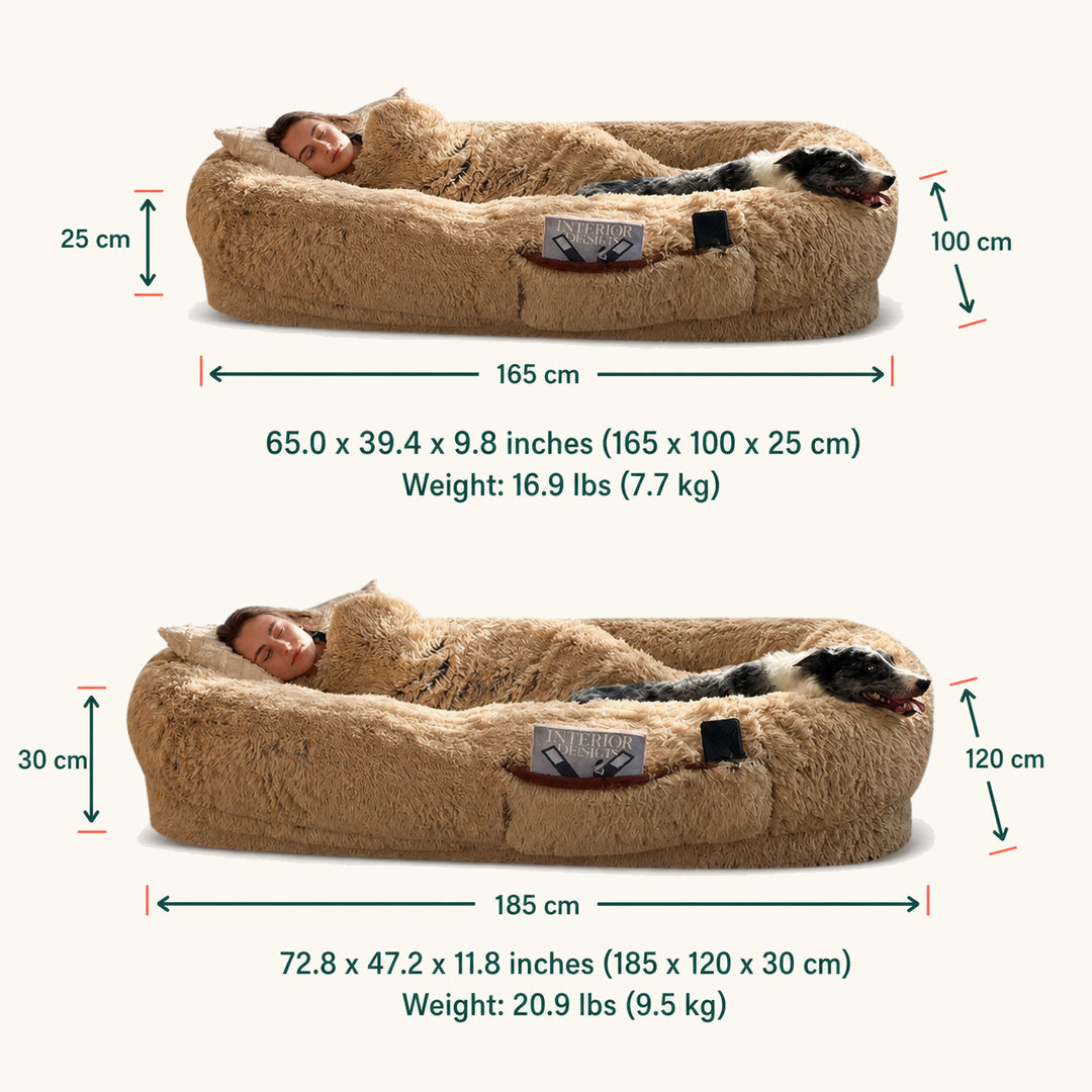 Khaki oversized pet bed in two sizes with metric, inch and weight details