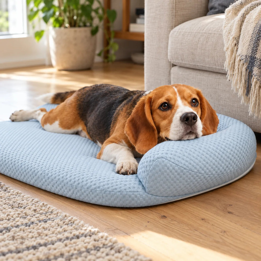 A Beagle resting on the Chillbuddy Oasis Cooling Pet Bed, size L