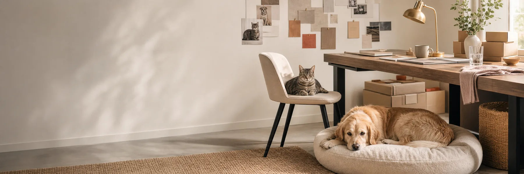 Warmer, hochwertiger Kreativarbeitsplatz für die Haustierpflege mit Produktnotizen, Kameraausrüstung und einem ruhigen Hund in der Nähe