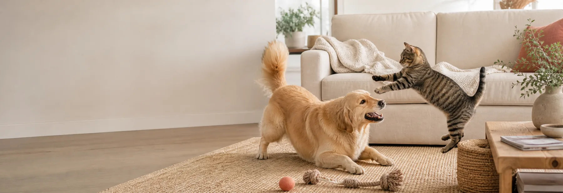 Un chien et un chat jouent en toute sécurité dans un salon moderne et chaleureux