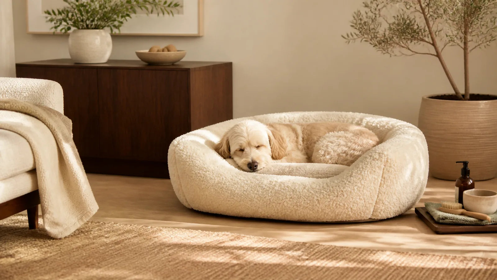 Cream dog sleeping in a plush boucle pet bed in a warm premium home