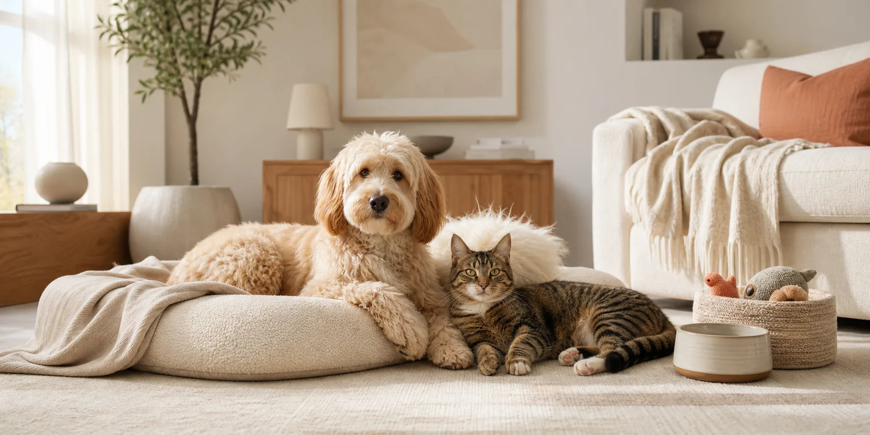 Hund und Katze ruhen in einem warmen, stilvollen Zuhause mit Essentials von Viva Essence Pet