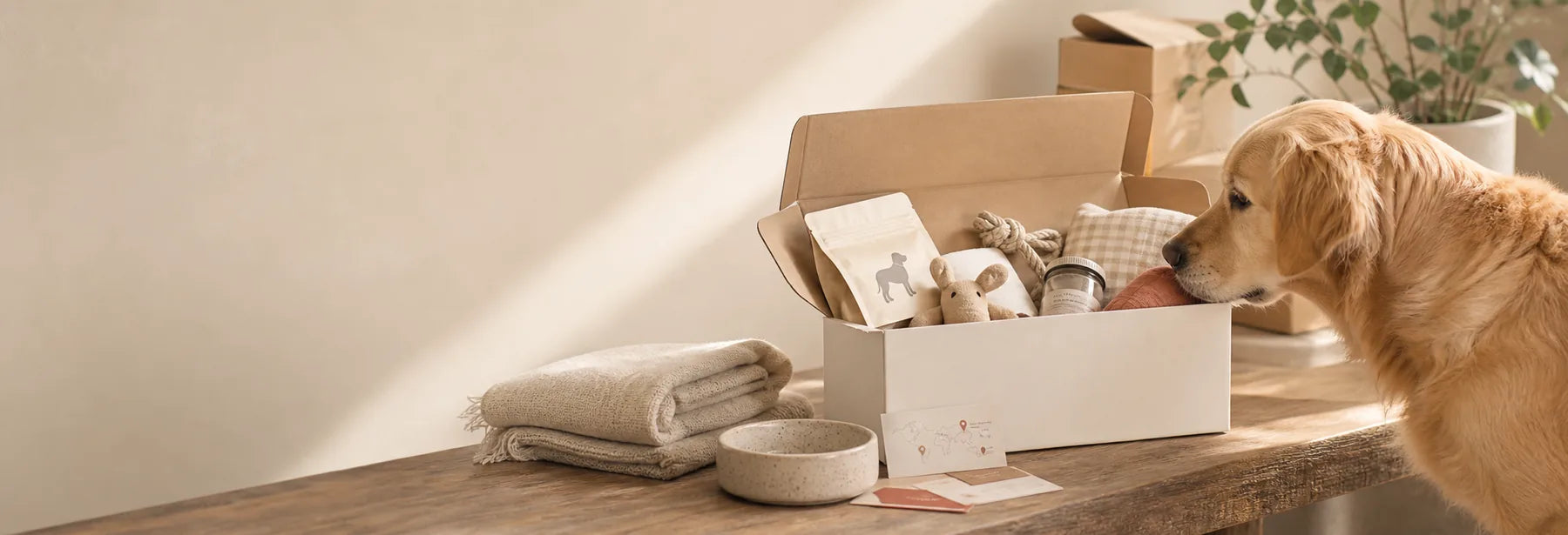 Presentförpackning med premiumprodukter för husdjur och en lugn hund i närheten