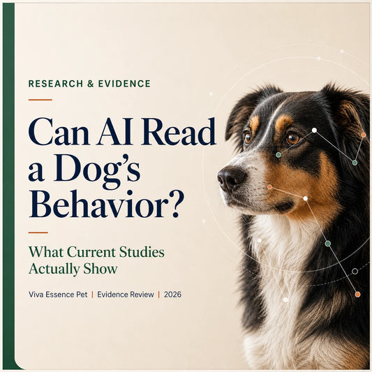 Editorial cover showing a calm tricolor dog with subtle facial landmark lines beside a question about canine behavior AI.