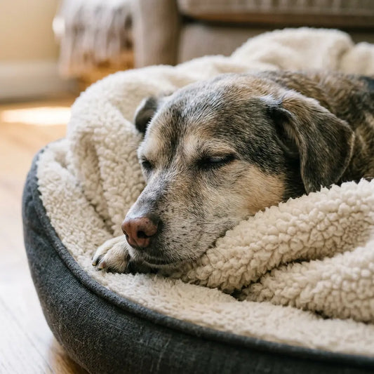 Blinder Hund, der sich sicher in einer vertrauten Umgebung zu Hause ausruht.