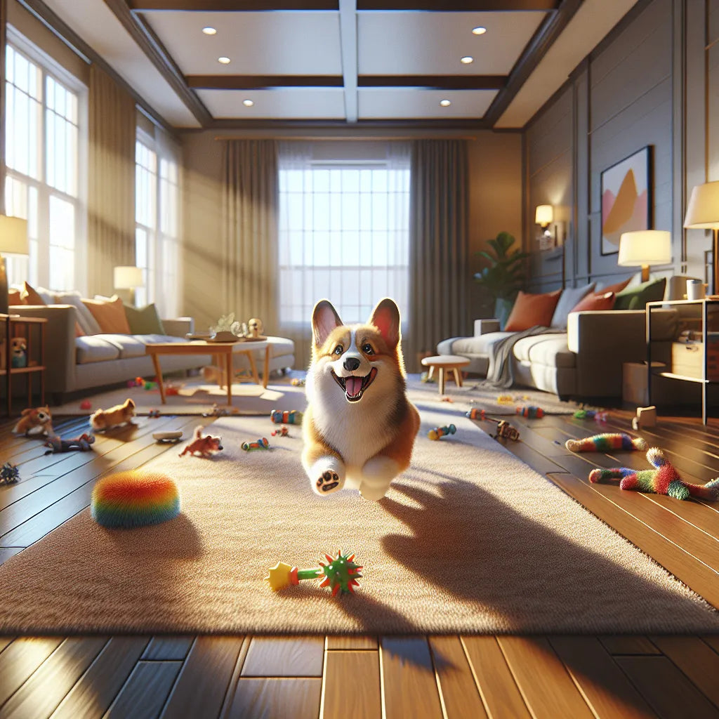 Corgi jugando dentro de casa entre juguetes para perros