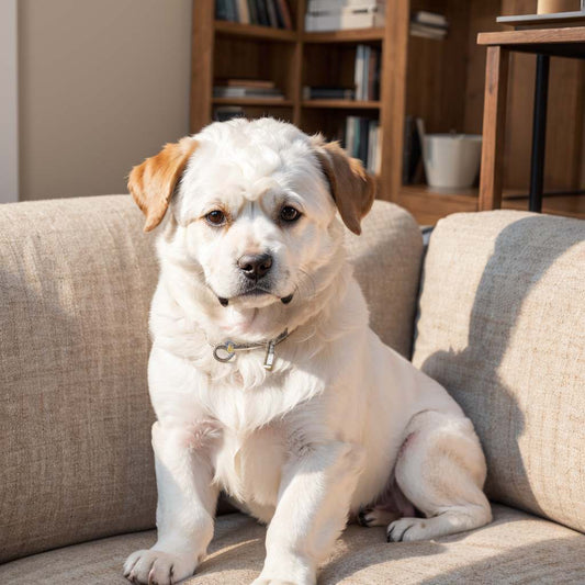 White-and-tan dog sitting on a beige sofa in a sunlit room