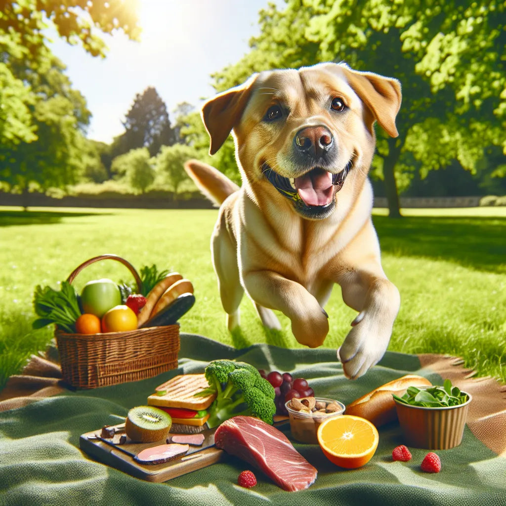 Labrador Retriever running across a sunny park lawn