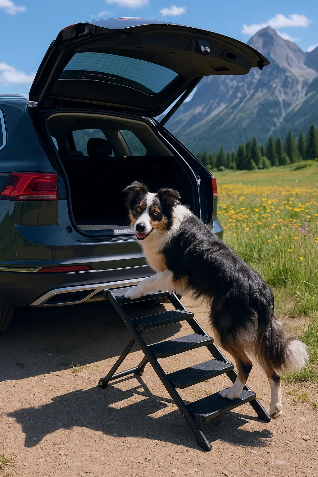 Dog using portable stairs to enter an SUV outdoors