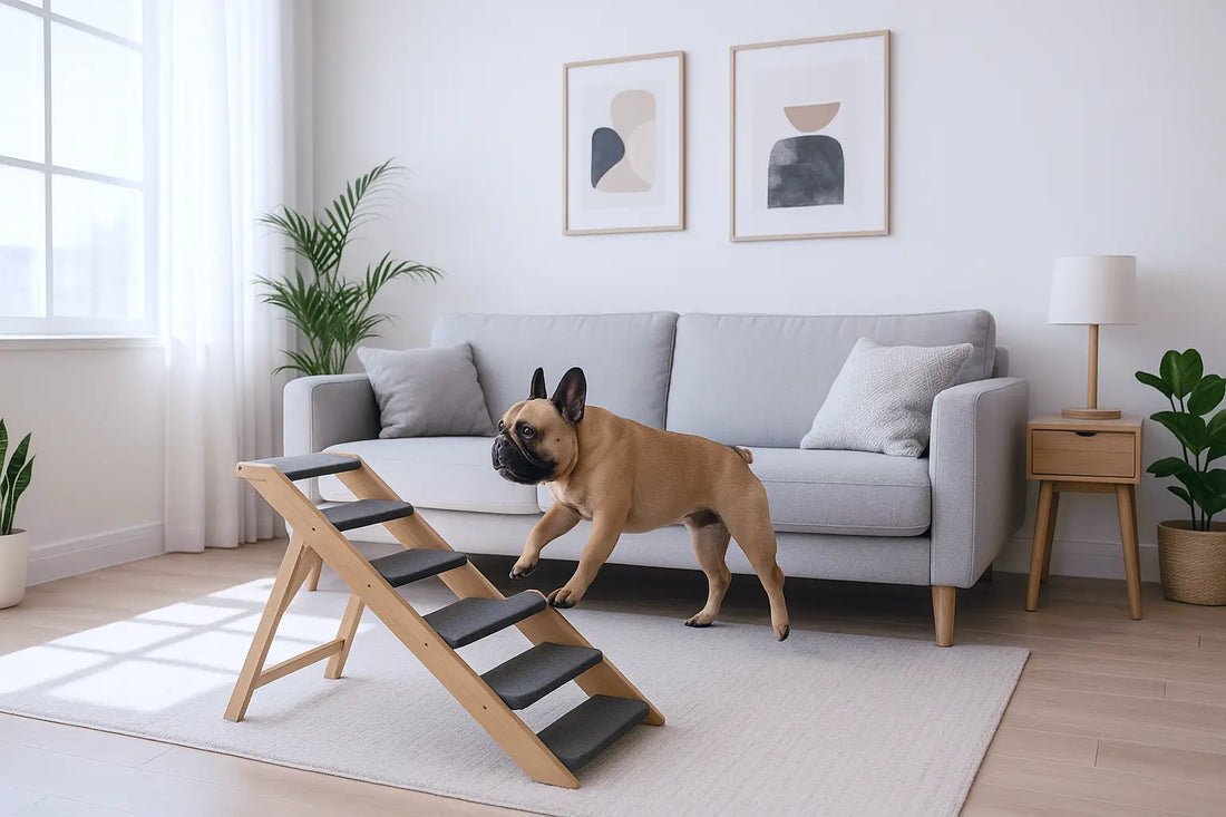 French Bulldog beside wooden dog stairs in a bright living room
