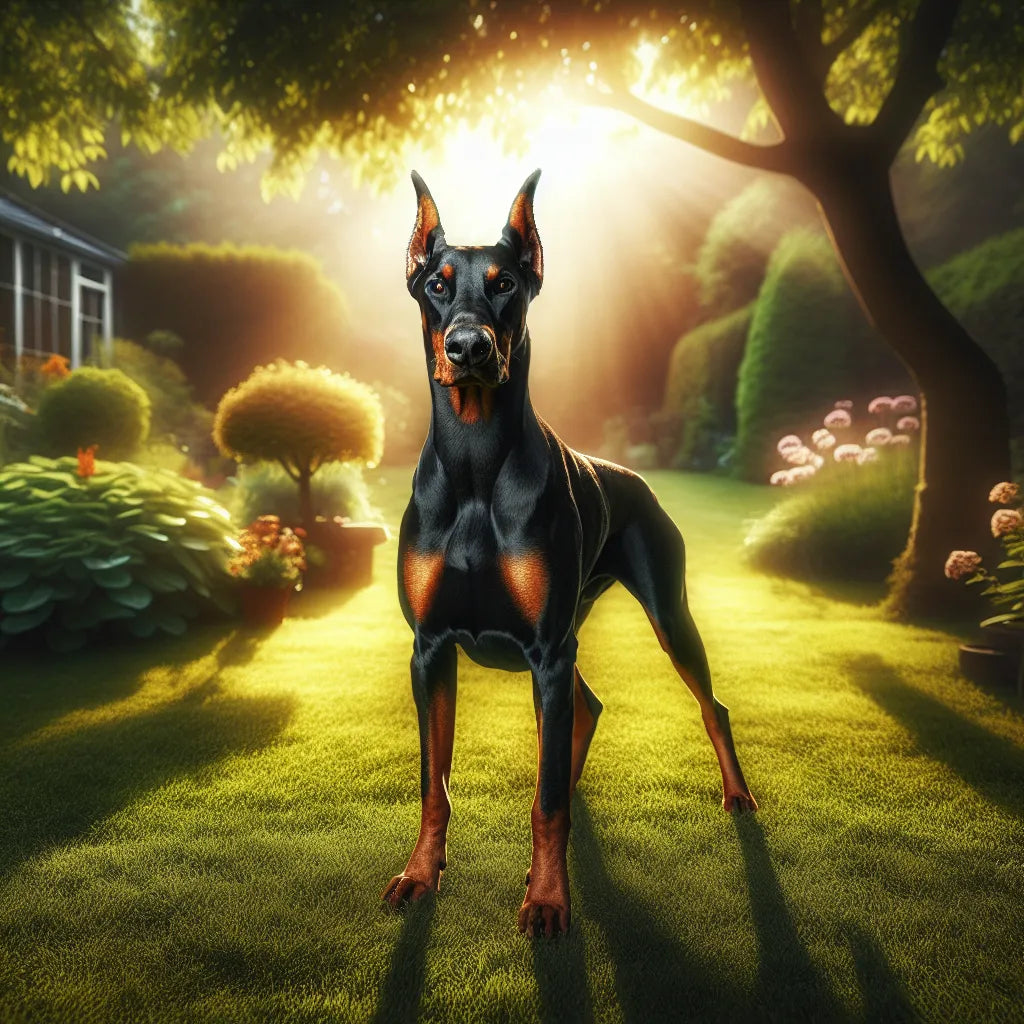 Doberman standing calmly in a sunny garden