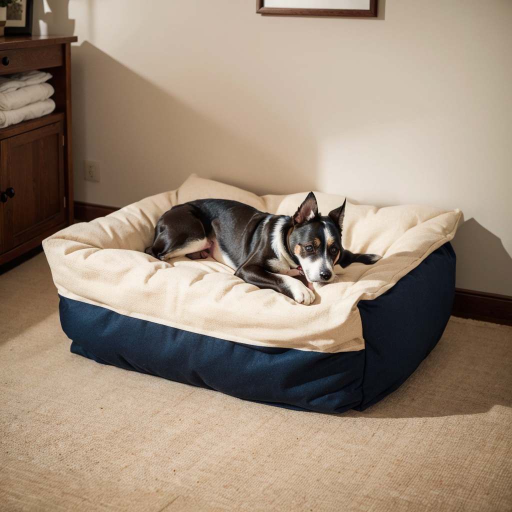 Tricolor dog resting on a large cream-and-navy pet bed