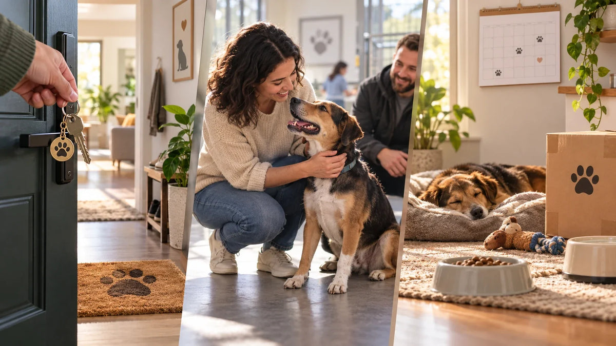 Conceptual path from pet-friendly housing and shelter adoption to a calm daily care routine
