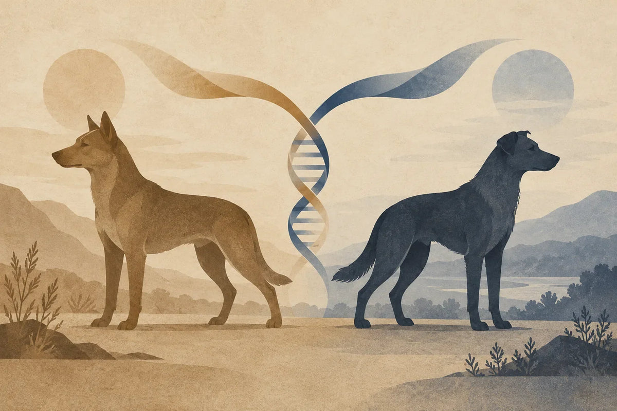 Ilustração conceptual de duas silhuetas genéricas de cães junto a um motivo de ADN ramificado, representando padrões de ancestralidade relacionados, mas distintos.
