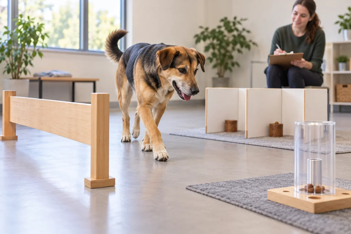 Ilustración conceptual de un perro realizando tres tipos de tareas de investigación cognitiva; no es una fotografía del estudio.