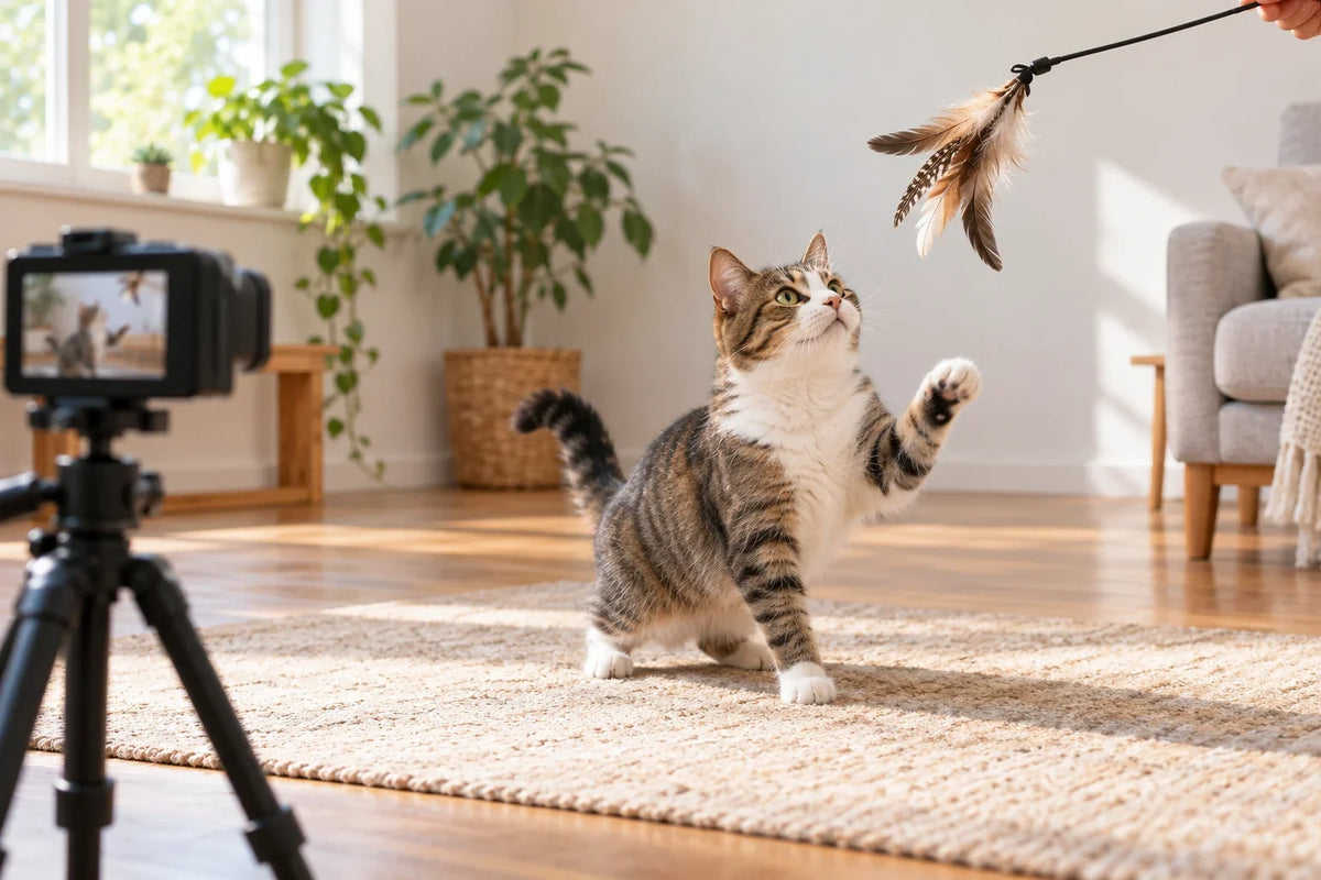 Ilustração conceptual de um gato doméstico a seguir uma cana com penas enquanto uma pequena câmara de vídeo grava a sessão; não é uma fotografia de um estudo.