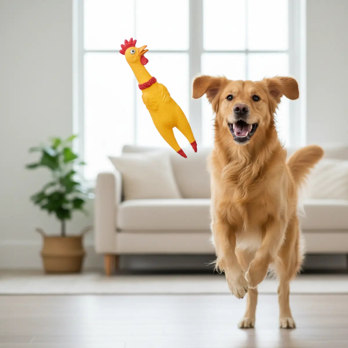Golden retriever a perseguir um brinquedo amarelo para cães, em forma de galinha, dentro de casa