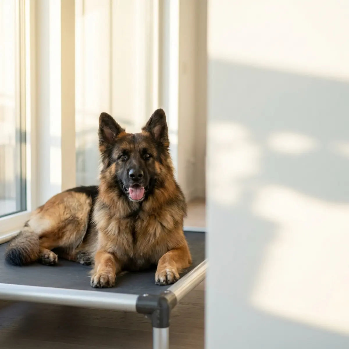 Cão de pelo comprido a descansar numa cama de rede baixa e elevada, dentro de casa