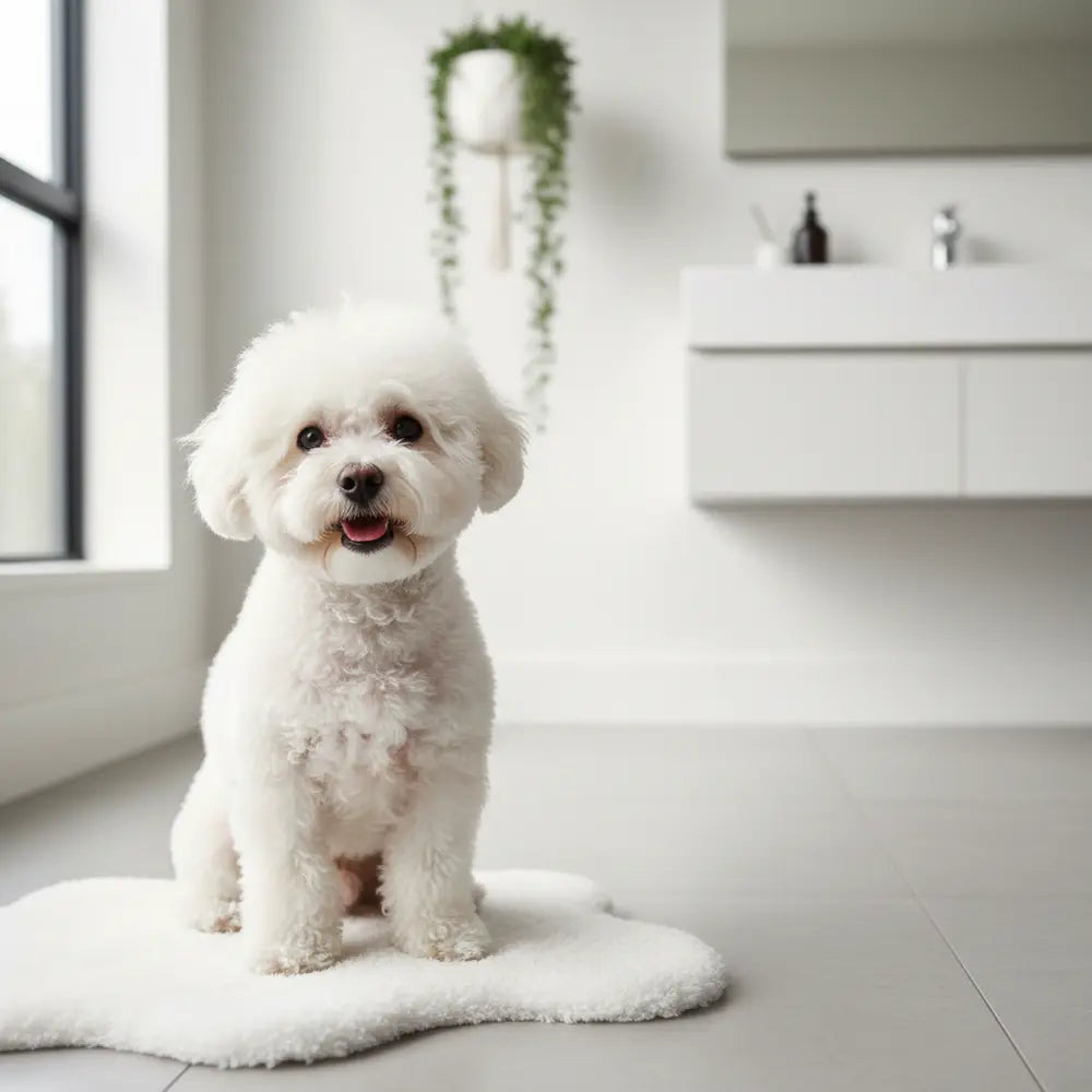 Bichon Frise standing on a soft mat in a bright bathroom