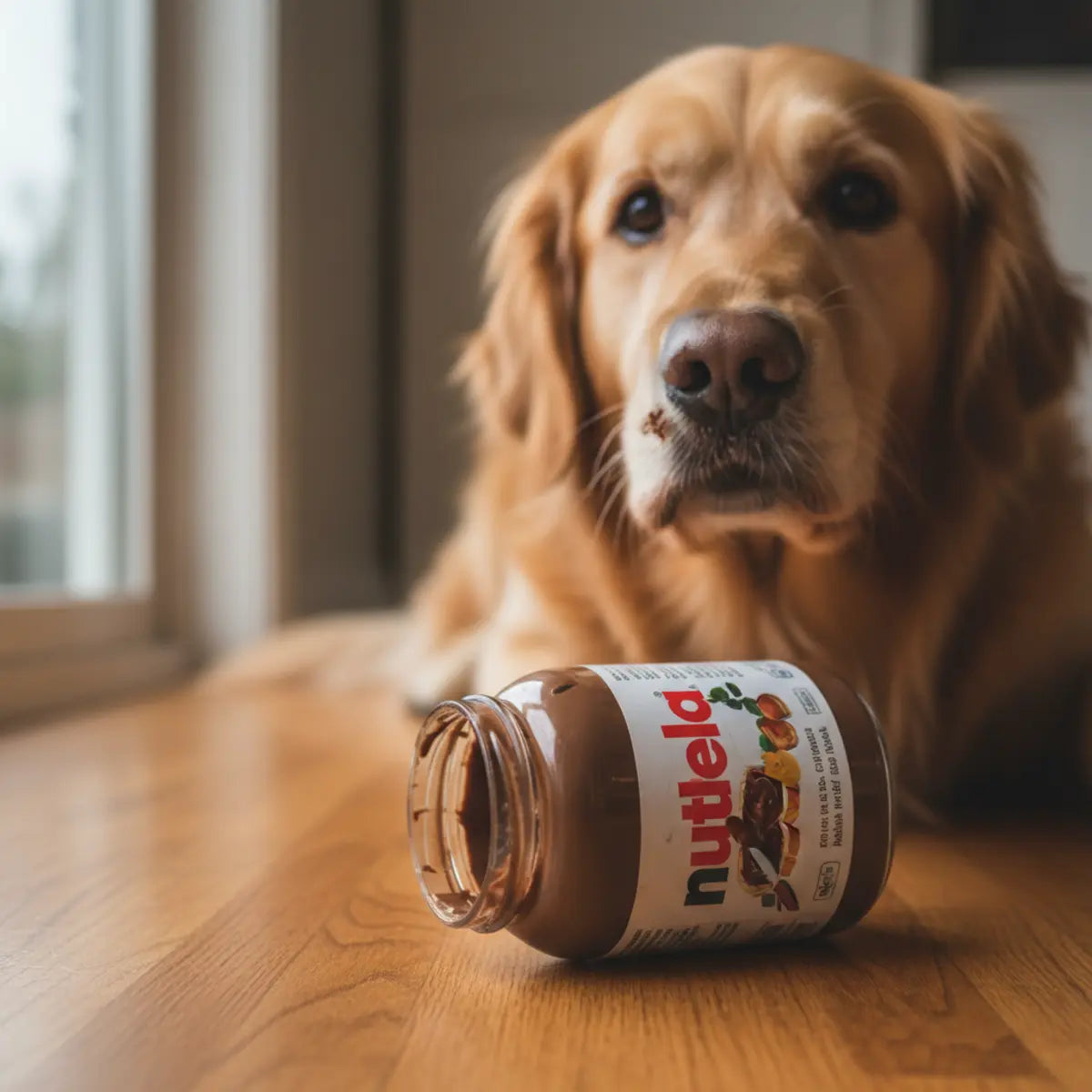 كلب غولدن ريتريفر بجوار مرطبان Nutella مفتوح على أرضية خشبية