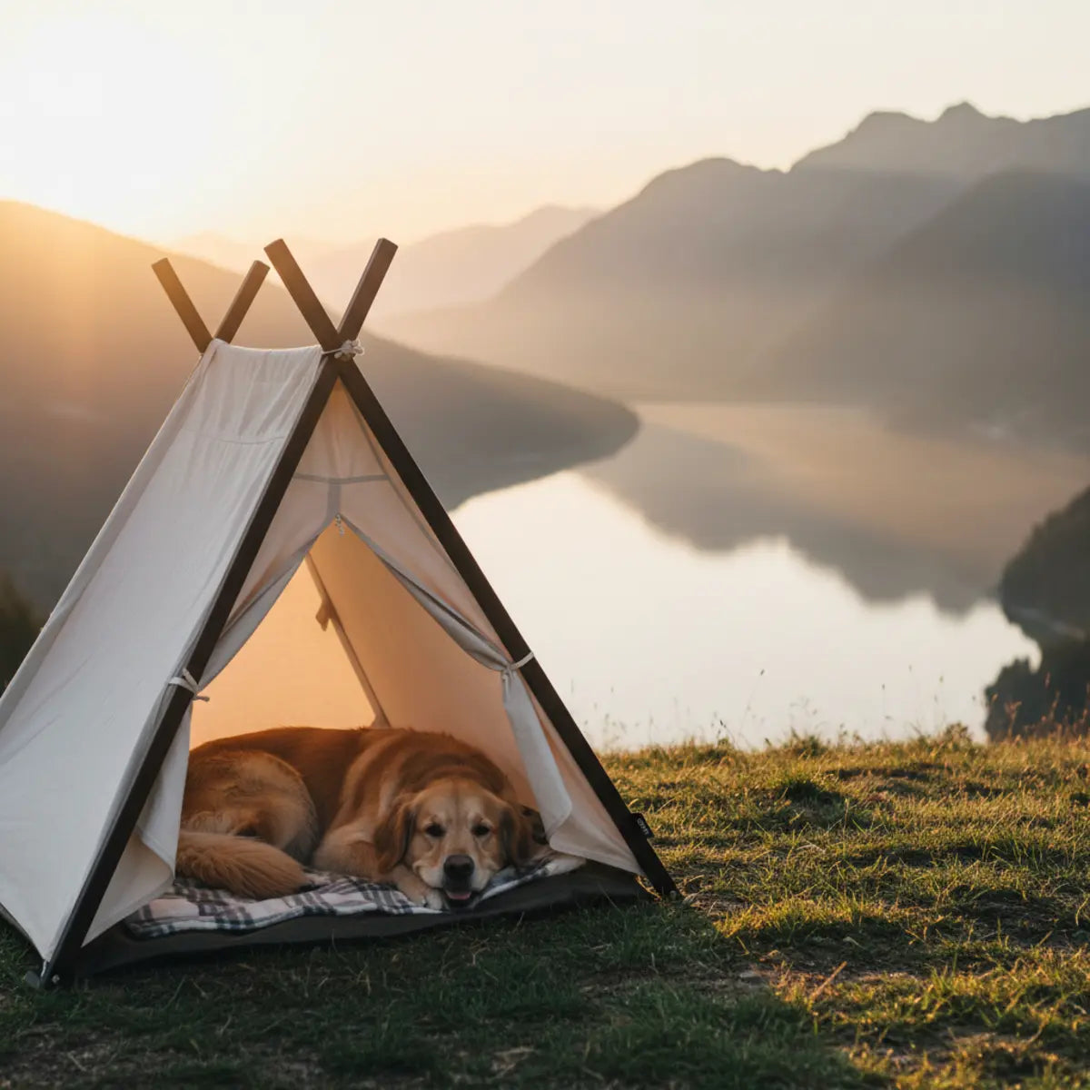 Golden retriever a descansar dentro de uma pequena tenda, num parque de campismo junto a um lago