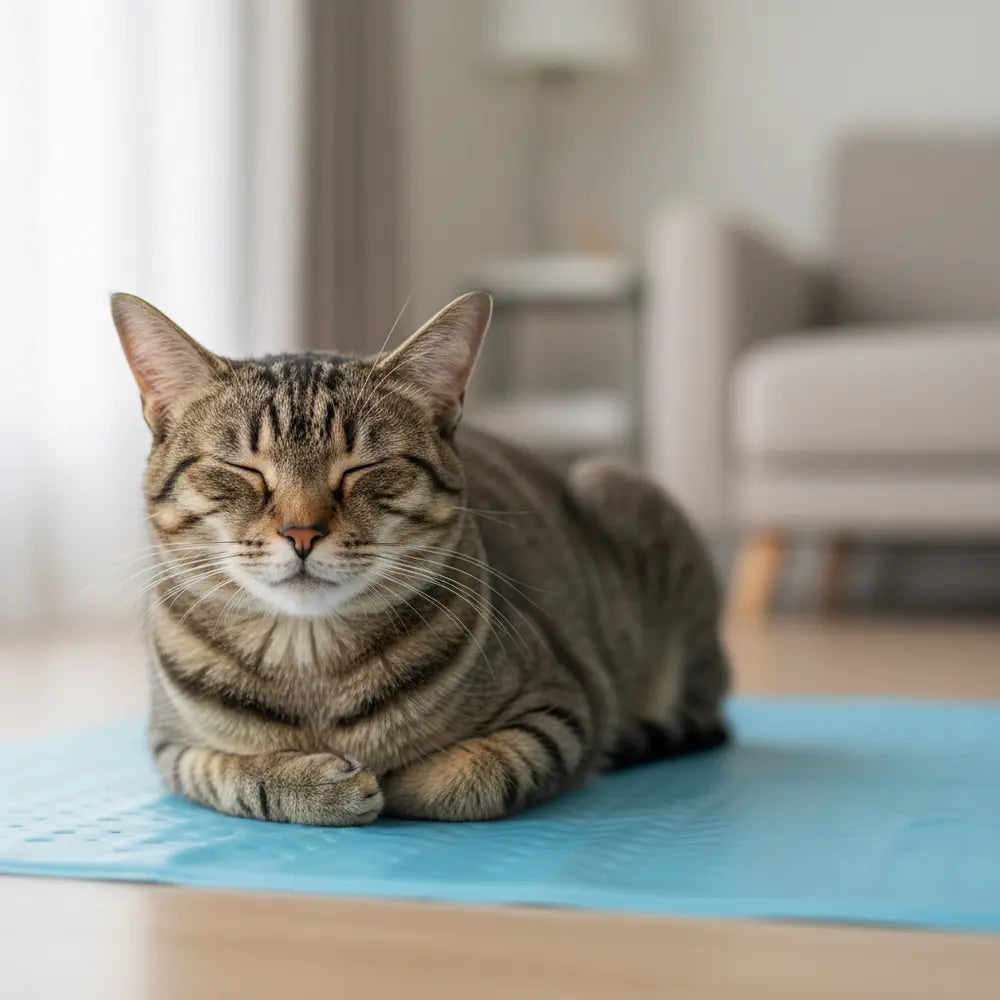 Tabby cat resting on a blue cooling mat indoors