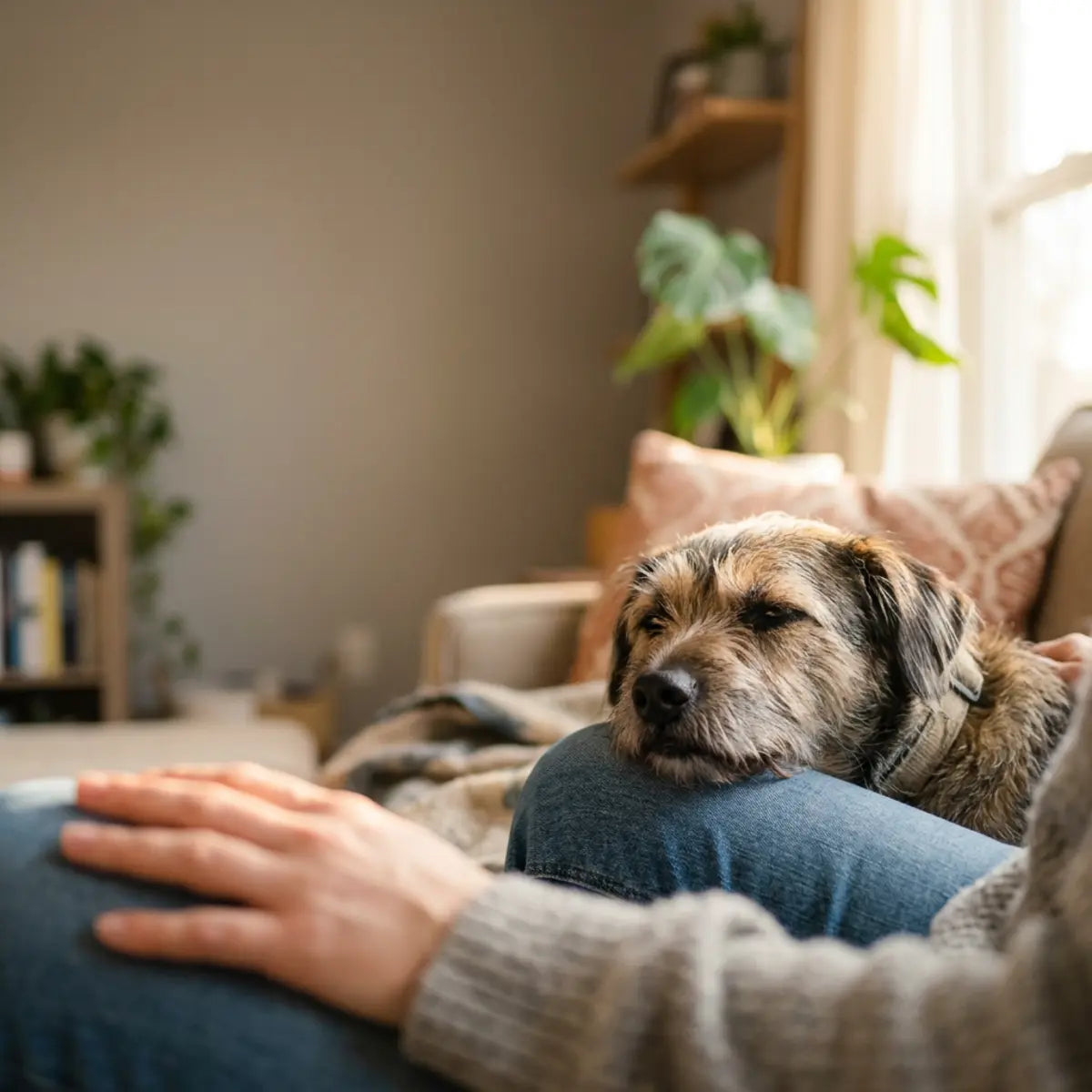 Dog resting beside a caregiver during a calm home interaction