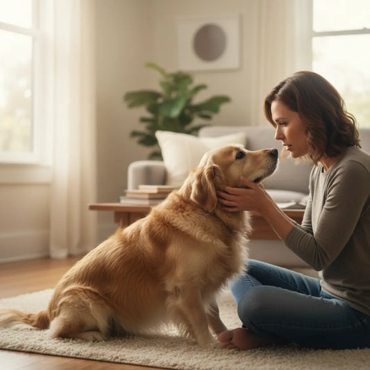 Golden retriever sitting with a person during a calm home check