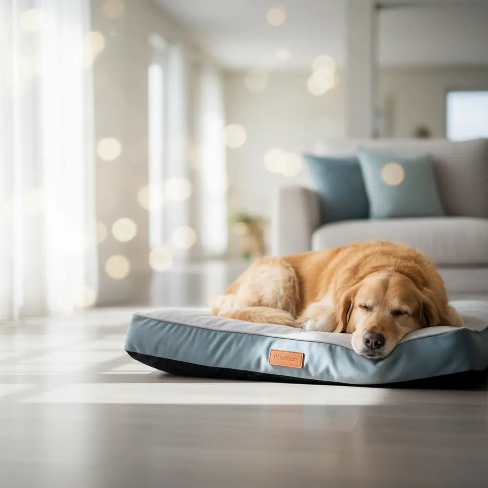 Golden retriever deitado numa cama refrescante cinzenta para cães dentro de casa