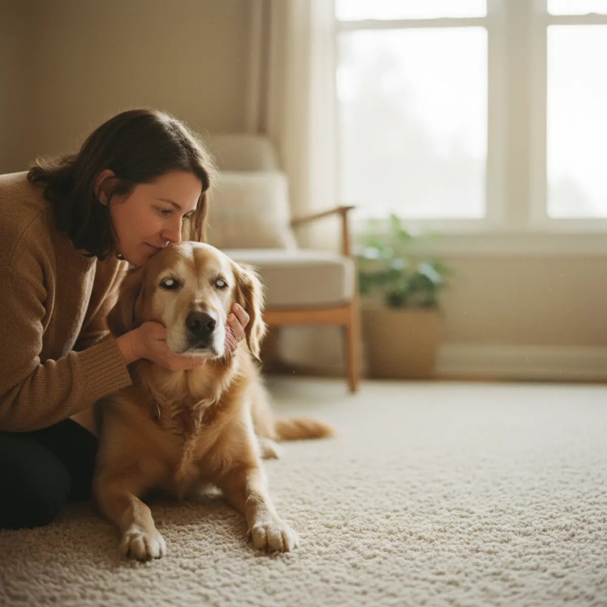 Eine Person tröstet zu Hause behutsam einen Golden Retriever