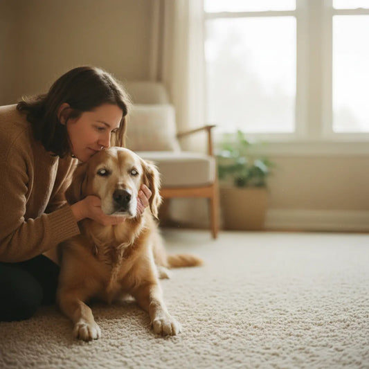 Eine Person tröstet zu Hause behutsam einen Golden Retriever
