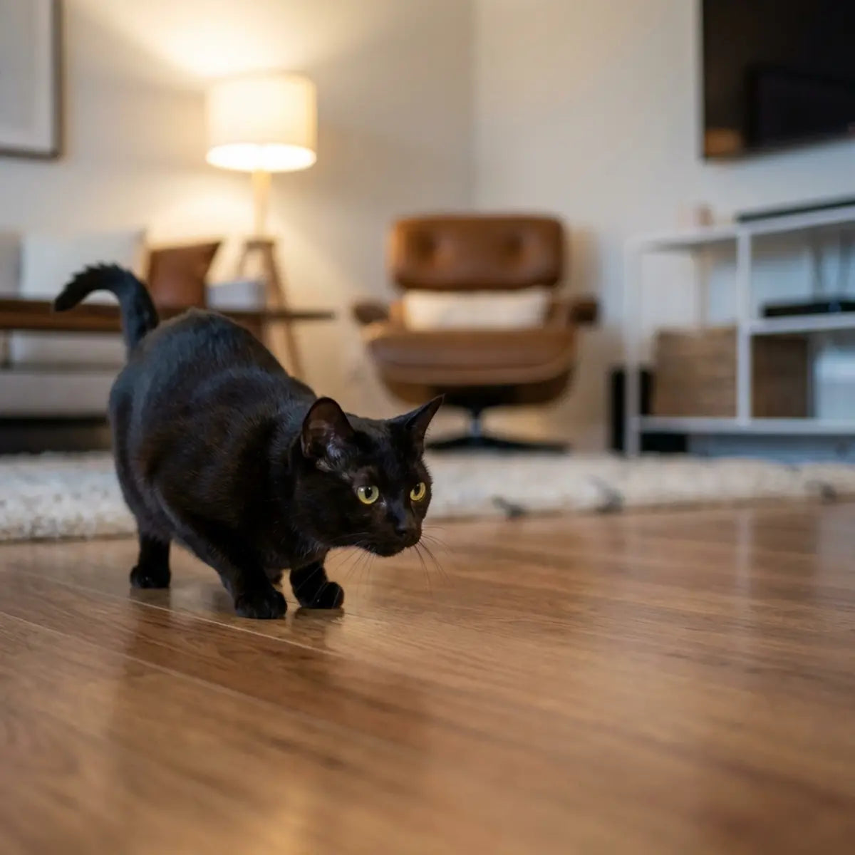 Black cat crouching on a hardwood floor during play