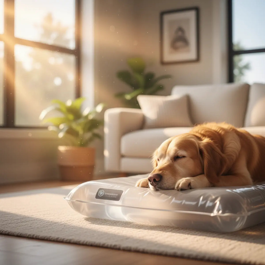 Golden retriever sleeping on a water-filled cooling bed indoors