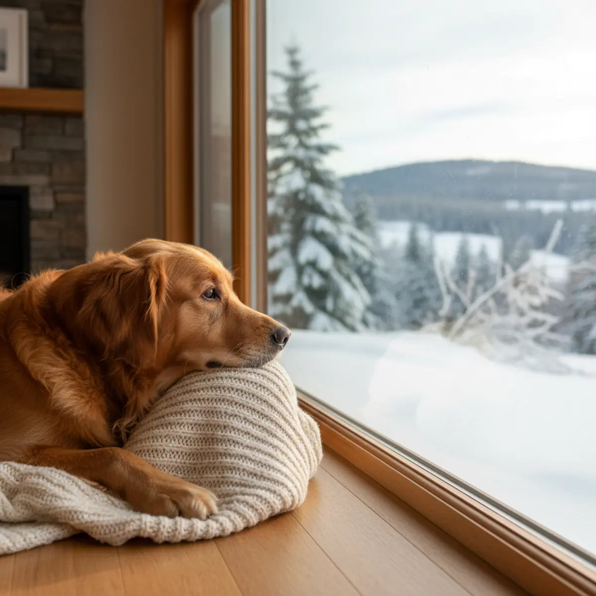 Golden Retriever a descansar junto a uma janela coberta de neve durante o inverno