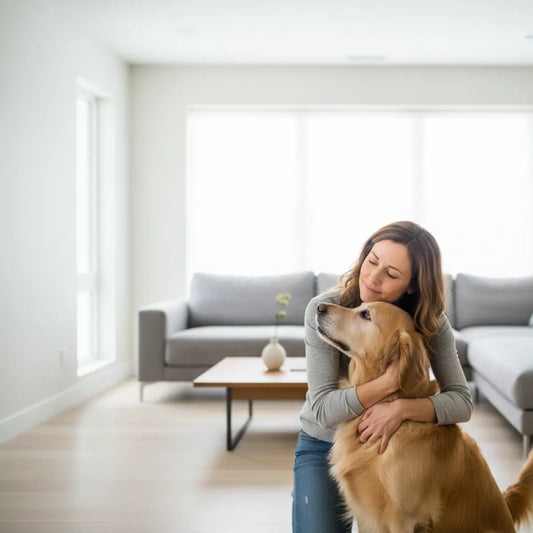 Eine Person kuschelt in einem hellen Wohnzimmer mit einem Golden Retriever