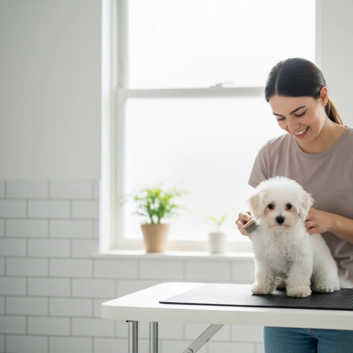 Pessoa a escovar delicadamente um cachorro Bichon numa superfície de higiene antiderrapante