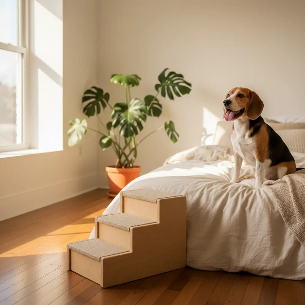 Beagle sitting on a finished wooden dog stair beside a bed