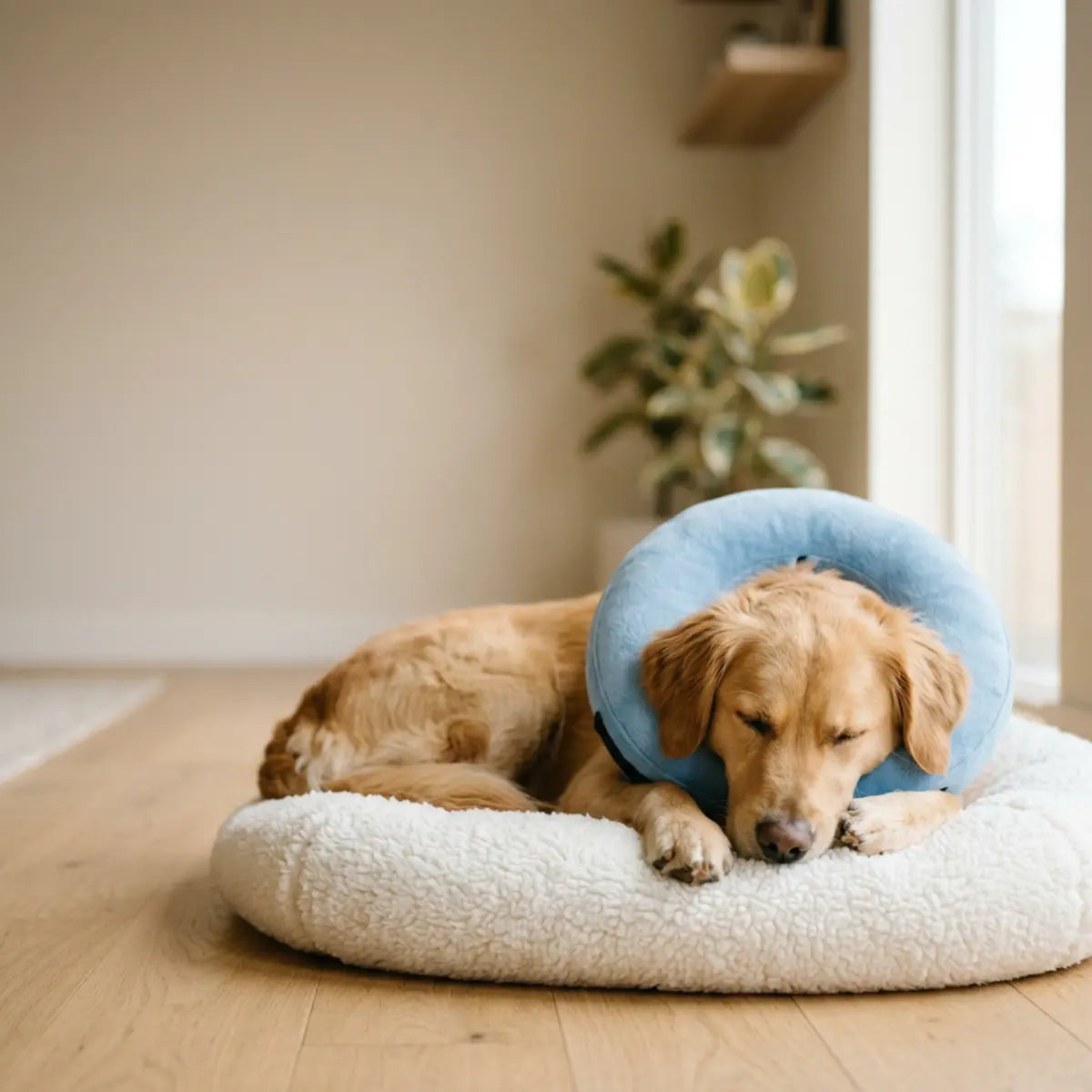Golden retriever lying on a white bed wearing a blue inflatable collar indoors