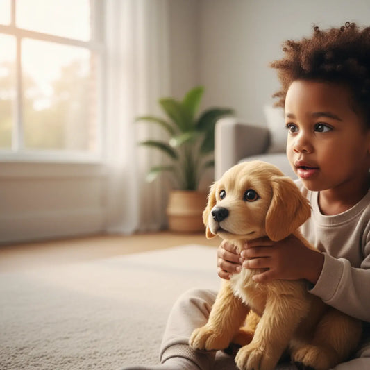 Child gently holding a realistic puppy indoors